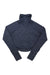 The Prana Womens Zawn Top is a long-sleeve, heathered dark gray turtleneck crop top made from recycled polyester with 4-way stretch, shown laid flat on a white background.