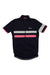 The Rapha Brevet Jersey is a lightweight, short-sleeve black cycling jersey with high visibility pink and white stripes on the chest and sleeve, pink trim on the sleeves and inside collar, and a full front zipper.