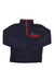 The Mens Organic Cotton Quilt Snap-T Pullover features a navy blue quilted design, long sleeves, partial button placket, and chest pocket with dark red trim—an eco-friendly choice for men's clothing.