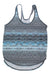 The Womens Prana Medley Tank features a blue, white, and black geometric print on a white background. Made from performance mesh knit, this sleeveless racerback offers a rounded hem and relaxed fit—ideal for active wear.