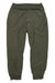 The Women's Happy Hike Lined Studio Pants in olive green are ankle-length winter hiking pants with an elastic waistband and cuffs, side pockets, a relaxed fit, and moisture-wicking tech, shown laid flat on a white background.