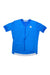The Sportful Womens Kelly Short Sleeve Jersey features a bright blue lightweight fabric, subtle stripes, full front zipper, small white chest logo, and high-low hem—perfect for sporty comfort on warm-weather rides.