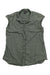 The Womens Lightweight A/C Top, an olive green sleeveless organic cotton shirt with a collar and front pocket, is laid flat on a white background.