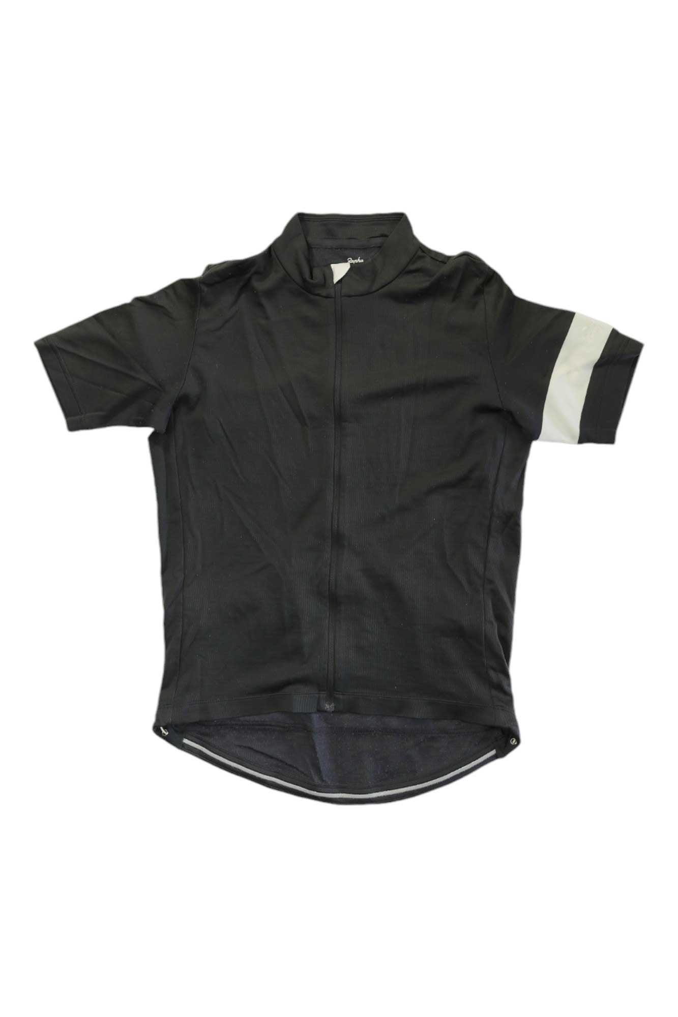 The Rapha Mens Classic Jersey is a short-sleeve black cycling top with a front zipper and a white stripe on the left sleeve, shown flat on a white background—ideal apparel inspired by classic cycling style.