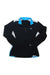 The Pearl Izumi Women's Super Star Thermal Cycling Jacket is a long-sleeve black pullover featuring a blue collar, partial front zipper, white shoulder panels, and blue accents on the sides and cuffs. Displayed flat on a white background.