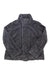 A Patagonia Womens Pelage Jacket in dark gray, featuring a high collar and long sleeves, is laid flat on a white background.