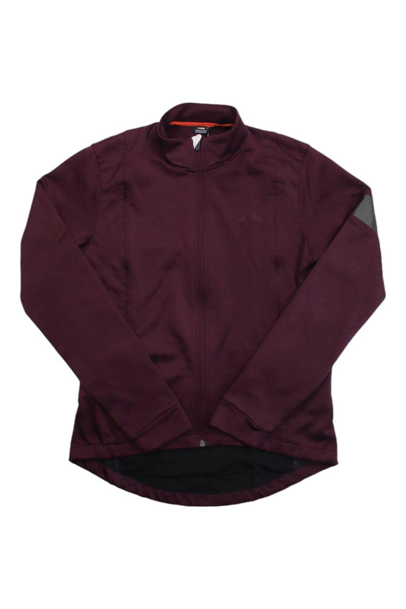 The Rapha Mens Winter Jersey, a dark maroon long-sleeve zip-up with a high collar and slightly curved hem, is shown laid flat on a white background.