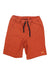 The REI Kids SunScout Hybrid Board Shorts are orange with an elastic waistband, black drawstring, and side pockets. Made from quick-drying fabric, they feature a small REI logo near the hem for comfort and convenience.