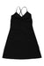 The Prana Womens Sleeveless Dress is a black halter dress with thin criss-cross straps, an internal shelf bra, and a slightly flared skirt, shown laid flat on a white background.