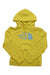 The North Face Womens Half Dome Pullover Hoodie is a yellow pullover made from a soft cotton blend, with a front pocket and light blue The North Face logo printed on the chest.