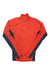 The Patagonia Women's Lotus Designs Baselayer is a long-sleeve, high-neck athletic shirt in red with dark blue side and sleeve panels, made from breathable nylon, shown laid flat on a white background.