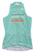 The DIVA WOMENS SLEEVELESS JERSEY is a fitted, lightweight, and breathable cycling top in light teal with a front zipper, horizontal white, black, orange, and green stripes, plus a small logo on the left shoulder.
