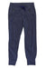 Kids' Foxglenn Jogger Pants in navy blue, made from recycled polyester spandex with an elastic waistband, blue drawstring, zippered side pockets, and cuffed ankles. Fair Trade Certified. Shown on a white background.