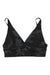 The Prana Womens Layna Brami Top features a black and dark gray camo pattern, thin straps, and a deep V neckline. This stylish cropped top is moisture-wicking, ideal for active days. Laid flat on a white background.