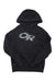 The Outdoor Research Mens OR Hoodie in black features a large distressed gray OR logo on the front, a kangaroo pocket, and ActiveTemp technology for advanced moisture-wicking comfort.