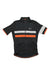 The Rapha Brevet Jersey is a short-sleeve black cycling top with a full front zipper, white and orange hi-vis stripes across the chest and left sleeve, and the Rapha logo on the left chest.