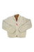 The Topo Designs Womens Sherpa Jacket is a cream-colored, long-sleeve fleece with a white zipper, brown inner lining, and a small white chest patch. Perfect for outdoor adventures, it's shown laid flat on a white background.