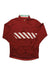 The Mens Phinney Long Sleeve Jersey is a red Rapha cycling jersey featuring long sleeves, a half-zip collar, and white diagonal chest stripes with green and white text inside the collar for added style and performance.