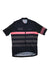 The Rapha Mens RCC Pro Team Jersey is a lightweight, breathable cycling jersey in dark navy with pink and gray stripes, made from moisture-wicking fabric and featuring RCC and Rapha logos plus a pink-striped sleeve for standout style.