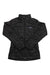 Dark insulated jacket with full-zip front, stand collar, and quilted panels