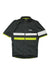 The Rapha Mens Brevet Lightweight Jersey is a dark gray, quick-drying top with white and neon yellow stripes, short sleeves, a full front zipper, and the Rapha logo—ideal for long-distance cycling.