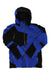 The Spyder Men’s Leader Jacket is a blue and black ski jacket with zippered pockets, front zipper, angular color-block design, small spider logo on the chest, waterproof fabric, and PrimaLoft Silver Eco insulation for warmth.