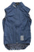 The Mens Pro Team Lightweight Rain Gilet is a blue men's cycling vest with a high RAPHA-branded collar, full front zipper, reflective white stripes, and a slightly crinkled lightweight finish for style and rain protection.