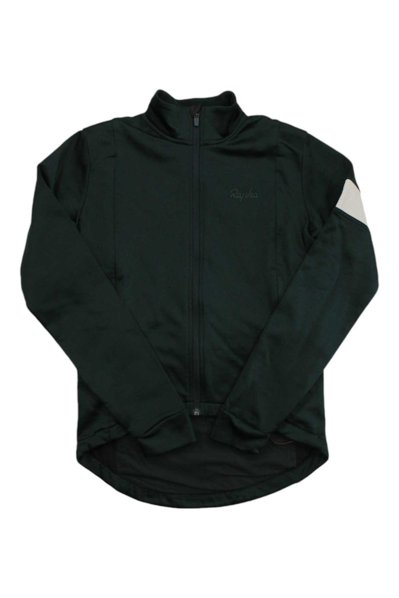 The Rapha Mens Winter Jersey is a long-sleeved, dark green winter cycling jersey with a full front zipper, high collar, and a reflective band on the upper left sleeve—ideal for cold rides.