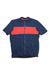 The Mens RBX Merino Jersey is a navy blue, short-sleeve cycling jersey with a red stripe, full front zipper, and moisture-wicking fabric for all-day comfort.