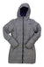 The North Face Womens Gotham Parka is a long, gray, quilted coat with a hood, front zipper, and chest logo. Made from recycled down, it features two side pockets and a water-repellent finish. Shown flat on a white background.