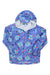 The REI Kids Button Closure Shell Jacket features a vibrant blue, teal, pink, and purple paisley and floral pattern, ideal for outdoor activities and shown on a white background.
