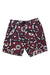 The Mens Wavefarer Boardshorts are maroon recycled nylon board shorts with a bold abstract pattern of white and black eyes, circles, and curves. Featuring a black waist drawstring and side pockets.