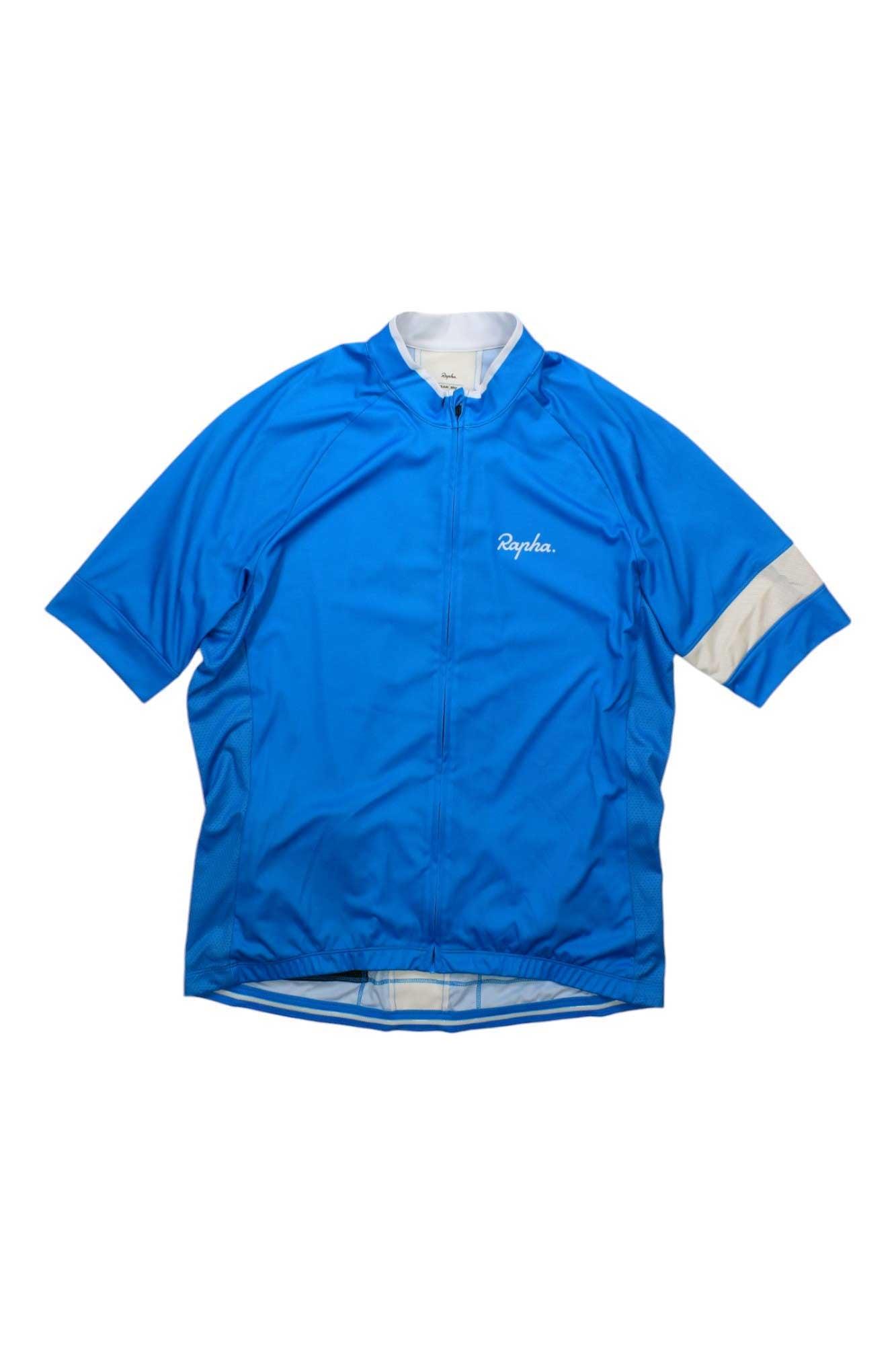 The Mens Training Jersey, a blue high-performance cycling top with a white collar, front zipper, and white stripe on the left sleeve, is shown on a white background.