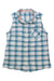 The Womens Prana Sleeveless Button Up features blue, white, and light pink plaid checks, a left chest pocket, collar, and is crafted from lightweight, breathable fabric for a casual look.