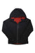 The Outdoor Research Men's Refuge Hooded Jacket in black features a front zipper, long sleeves, red inner lining, water-resistant shell, and breathable insulation. Shown laid flat with the hood up—ideal for outdoor comfort.