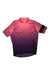 The Rapha Mens Classic Flyweight Jersey features short sleeves, a pink and purple gradient geometric pattern, front zipper, black armband on the left sleeve, and Rapha logo on the chest for optimal cycling performance.