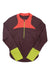 The Prana Women's Martine Sun Top is a long-sleeve beach pullover with UPF 50+ protection, featuring a half-zip front, dark brown body, bright red-orange collar panel, and lime green cuffs and zipper.