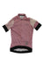The Rapha Womens Pro Team Training Jersey is a light pink short-sleeve cycling jersey with patterned sleeves, black cuffs and hem, front zipper, and "Rapha" printed on the chest—a stylish and eco-friendly choice for cyclists.