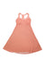 The Prana Womens Sleeveless Dress is a coral, knee-length A-line halter with a racerback and small white floral print, made from recycled materials. Shown laid flat on a white background.