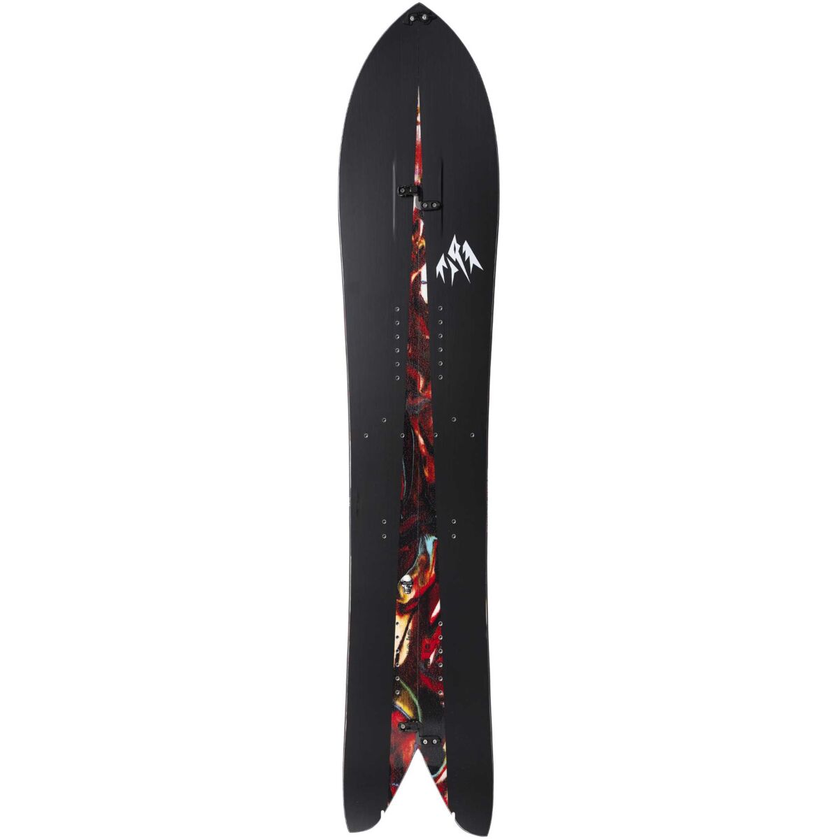 Black splitboard with red, yellow, and blue graphic art on top sheet