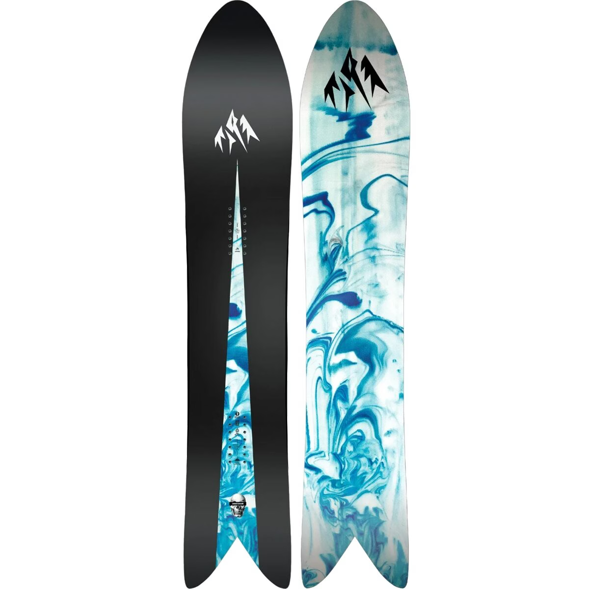 Snowboard with black base and blue storm wolf graphic on the deck