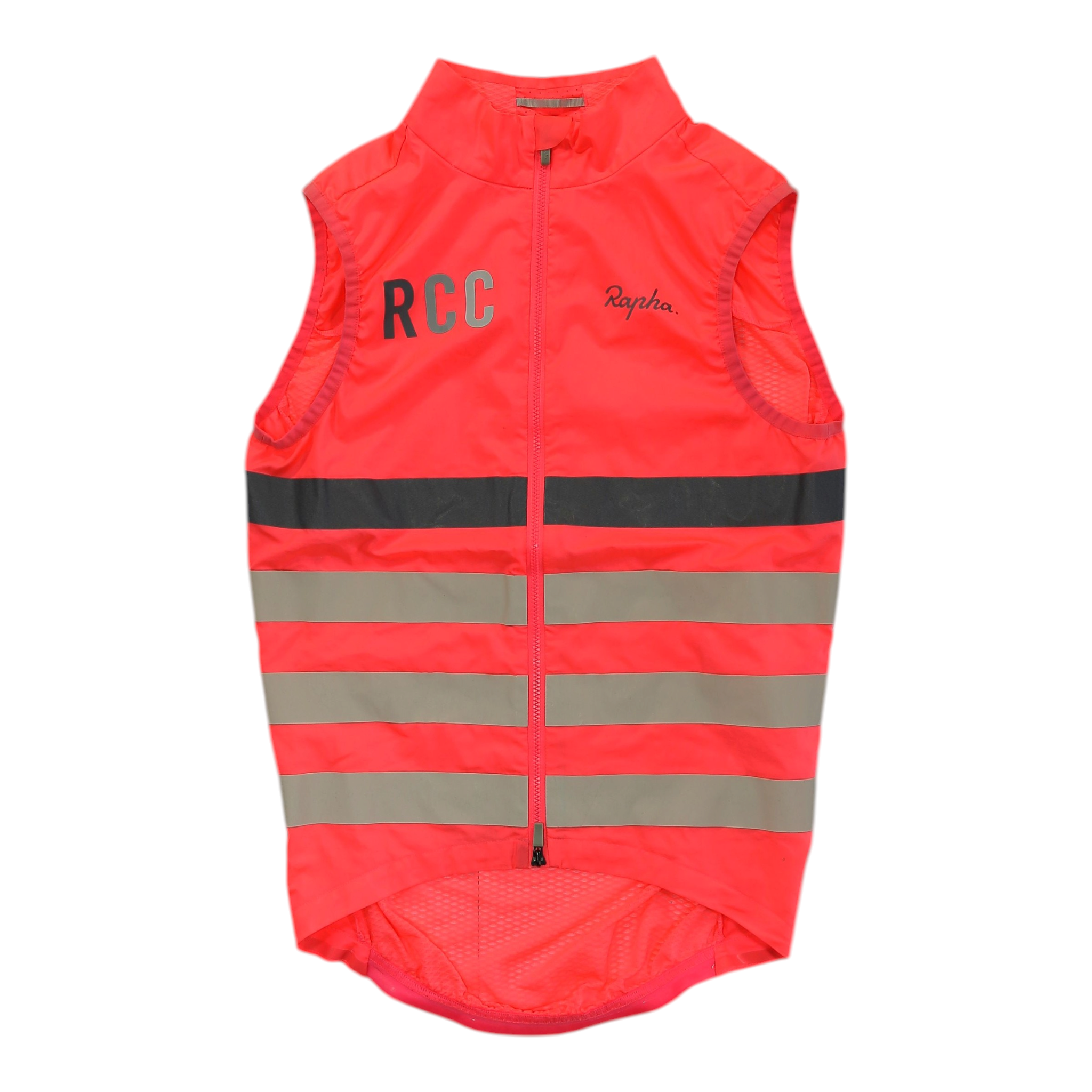 Red lightweight cycling gilet with front zip, RCC logo, and reflective black stripe bands