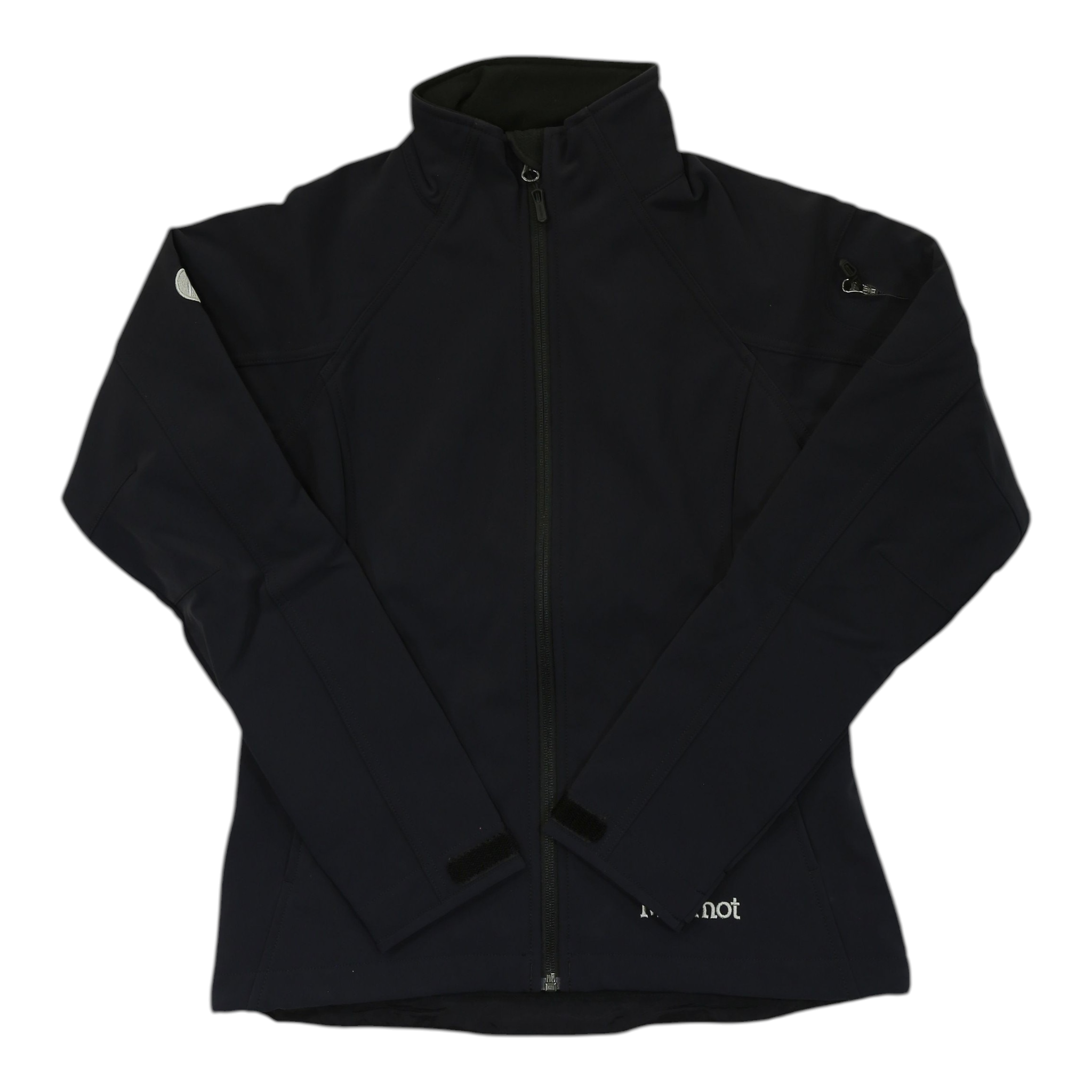 Marmot women's black soft-shell jacket with full zip and stand collar, zip pockets