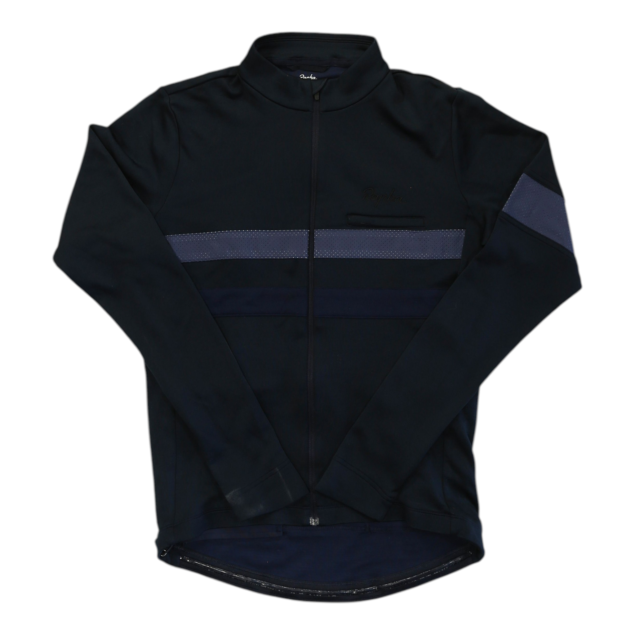 Men's long-sleeve cycling jersey, black with dark navy and gray stripe, full zip