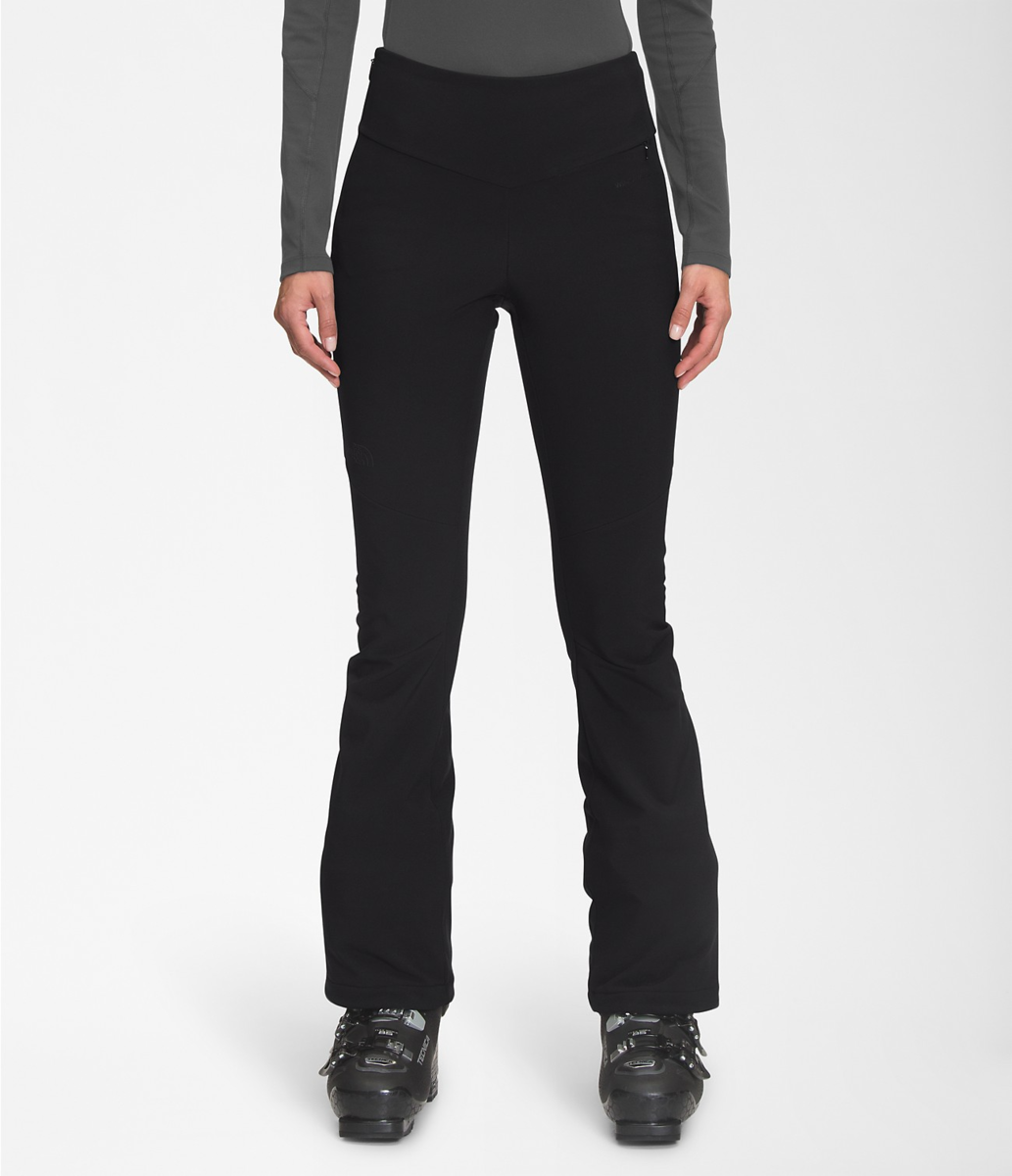 Women's black snow pants with straight-to-slightly-flared legs and ankle cuffs