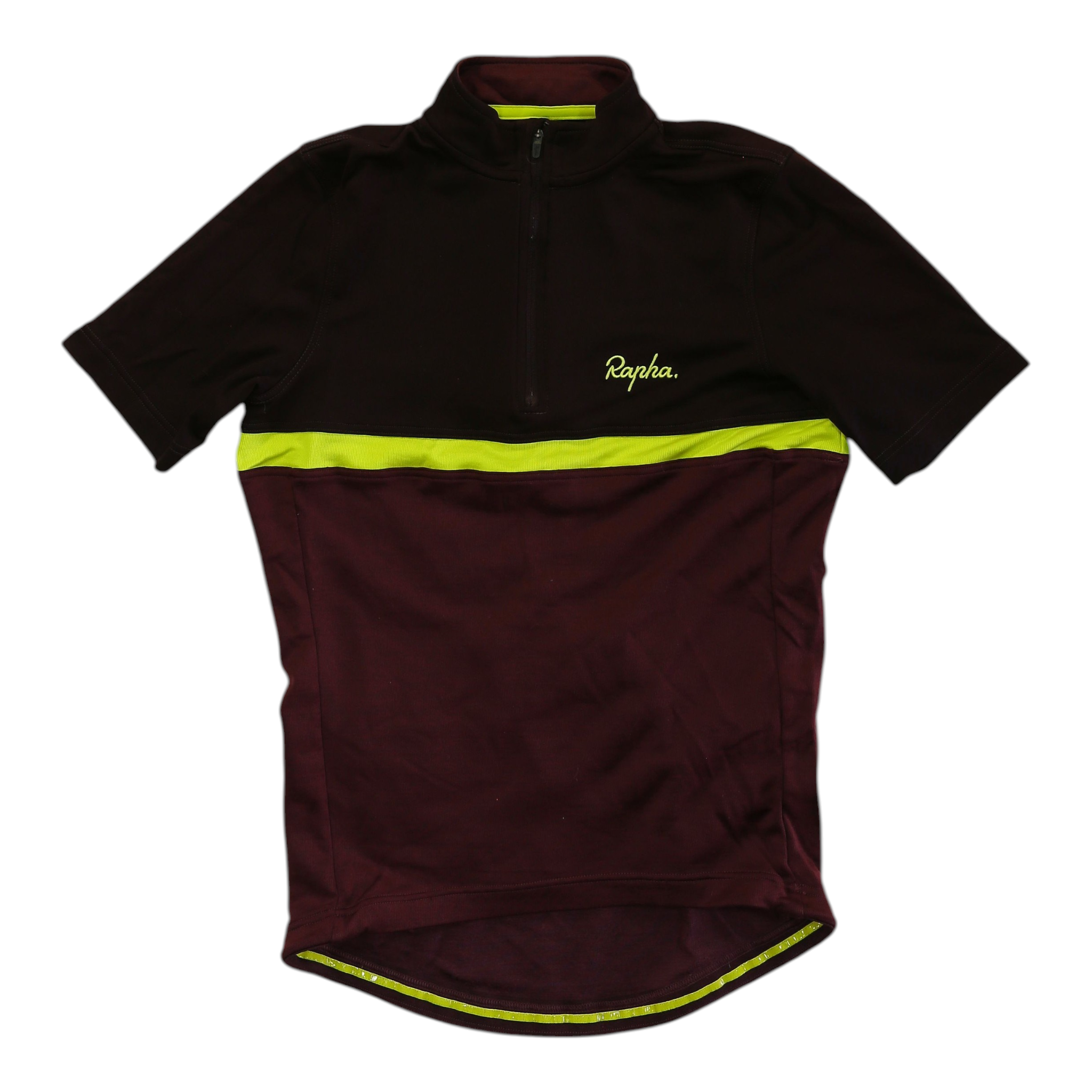 Men's Clubhouse cycling jersey, maroon with neon yellow chest band and full front zip.