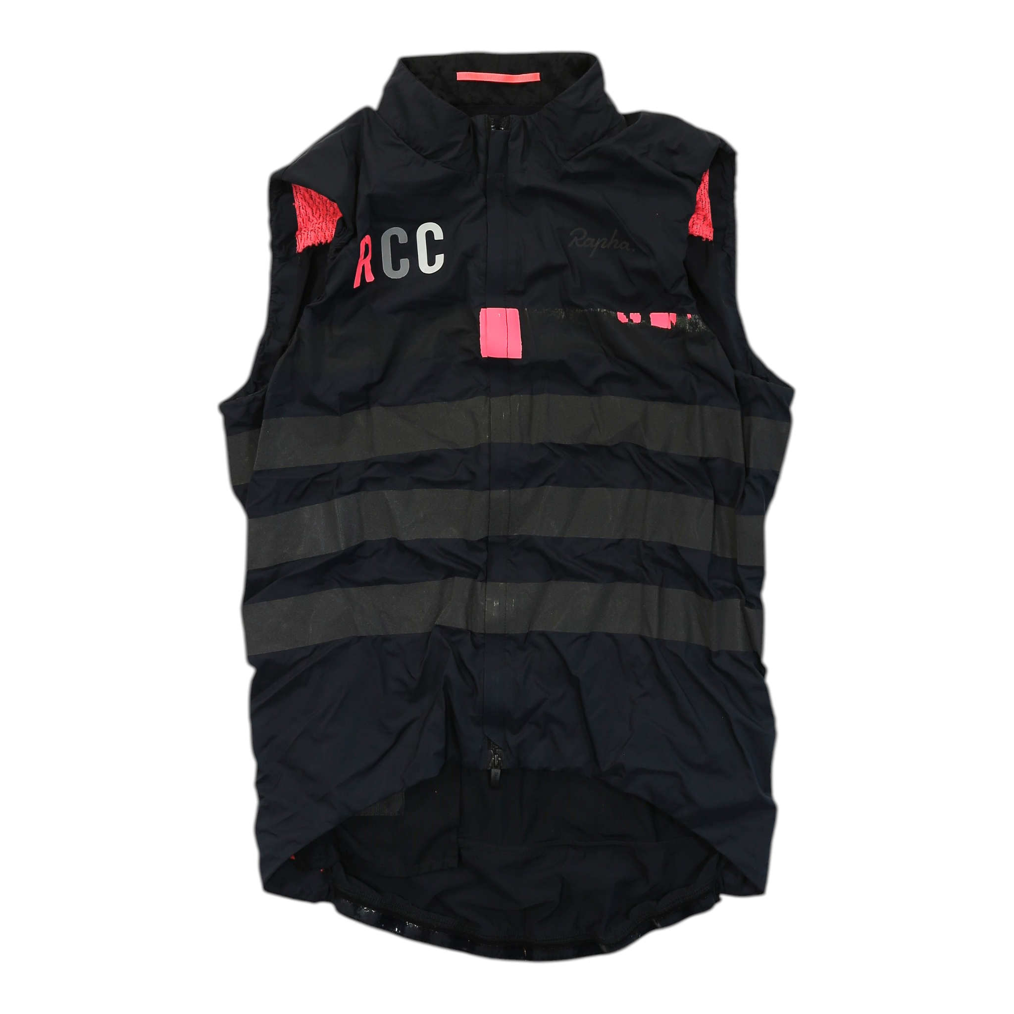 Men's black insulated cycling gilet with full zip, pink stripe and red RCC lettering