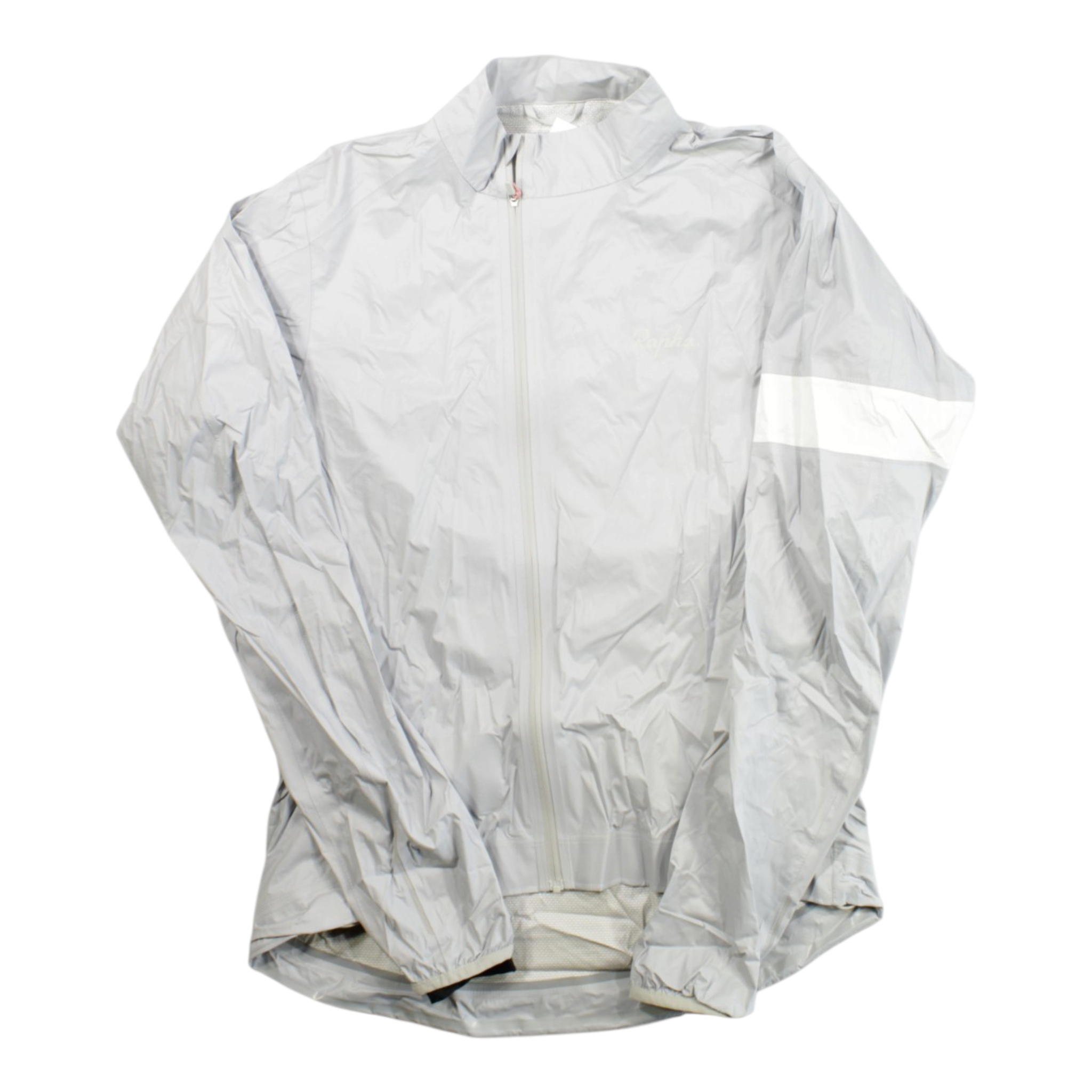 White hoodless rain jacket with full front zip and contrast under-hem panel