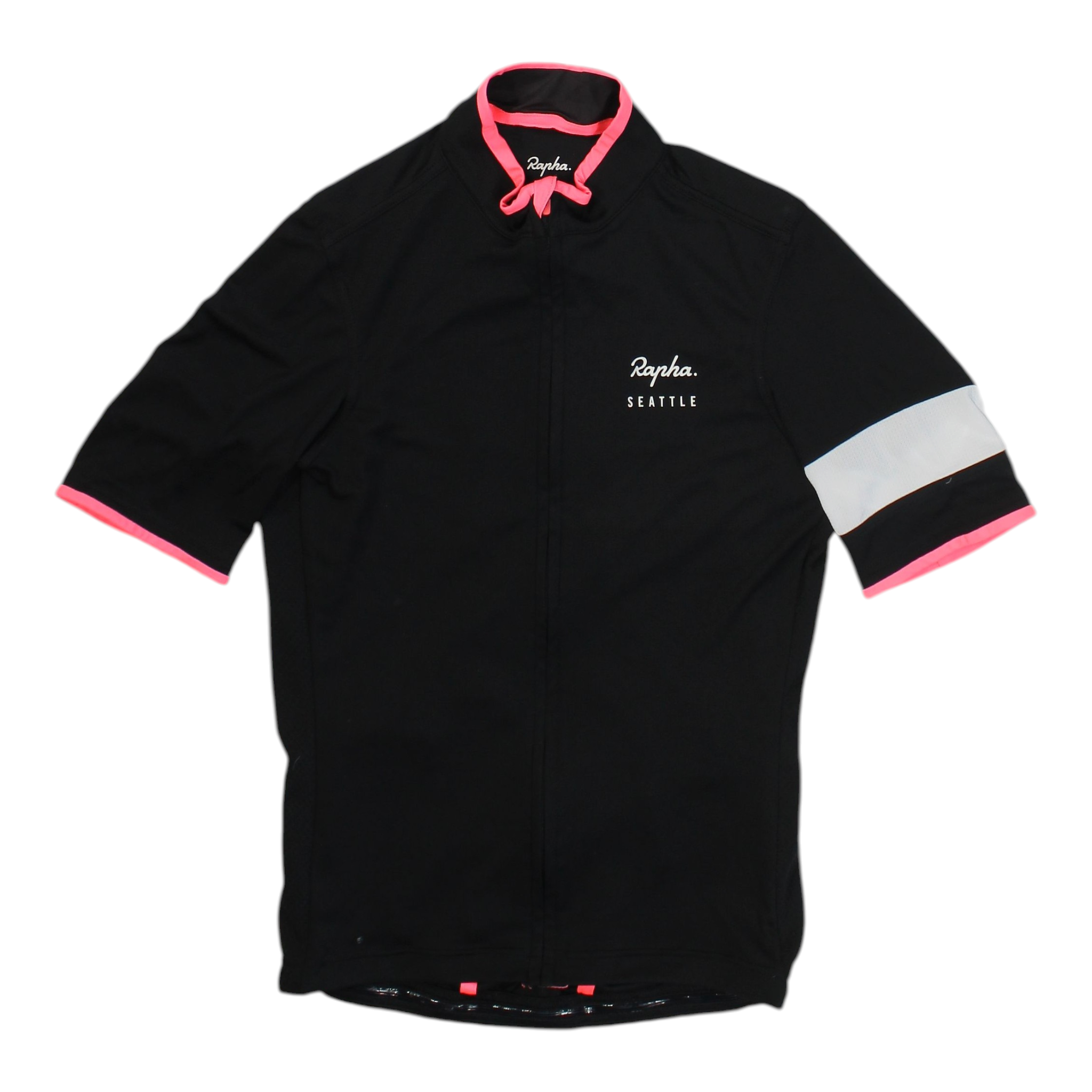 Men's Rapha super lightweight cycling jersey, black with pink collar and white side stripe