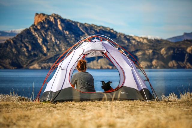 A woman and a dog in a tent by a lake